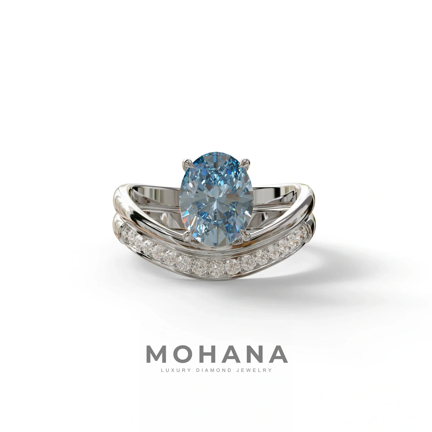 2 Carat Fancy Blue Oval Cut Lab Grown Diamond Ring | Curve Setting - Brilliance - 10K Solid Gold / White Gold