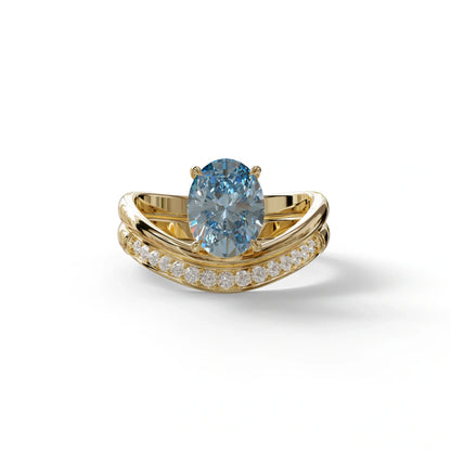 2 Carat Fancy Blue Oval Cut Lab Grown Diamond Ring | Curve Setting - Brilliance - 10K Solid Gold / Yellow Gold