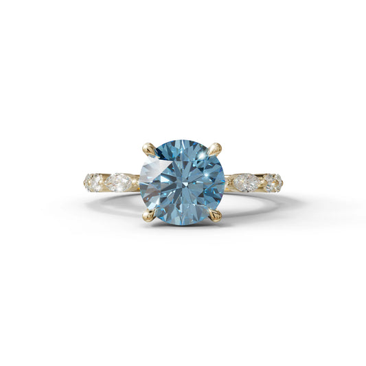 2 Carat Blue Round Cut Hidden Halo & Pave Set Lab Diamond Ring - Pure Origin - 10K Solid Gold / Yellow Gold