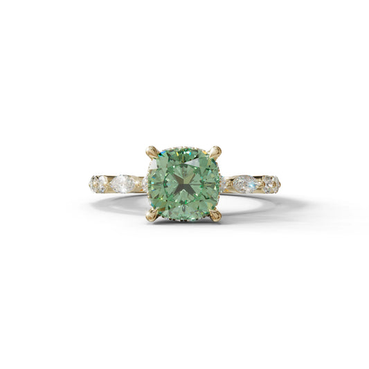 2 Carat Green Cushion Cut Hidden Halo & Pave Lab Diamond Ring - Daisy - 10K Solid Gold / Yellow Gold
