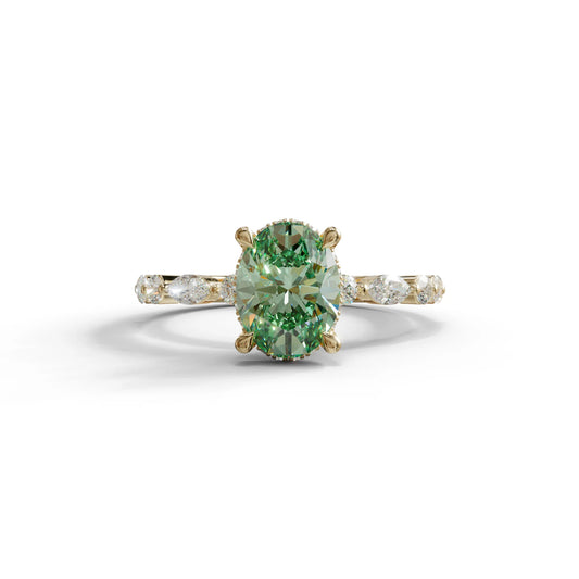 2 Carat Green Oval Cut Hidden Halo & Pave Lab Diamond Ring - Laina - 10K Solid Gold / Yellow Gold