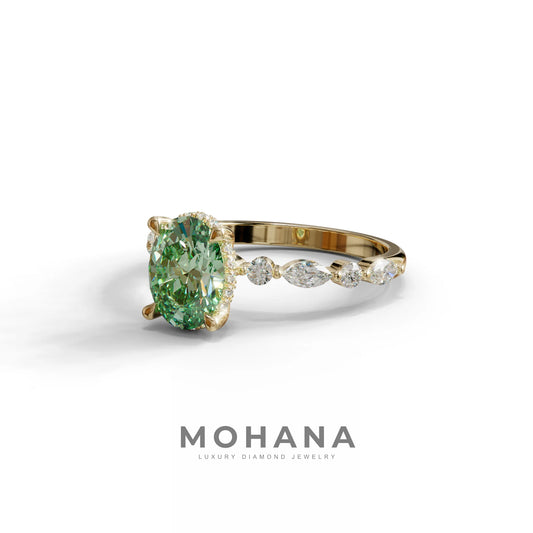 2 Carat Green Oval Cut Hidden Halo & Pave Lab Diamond Ring - Laina