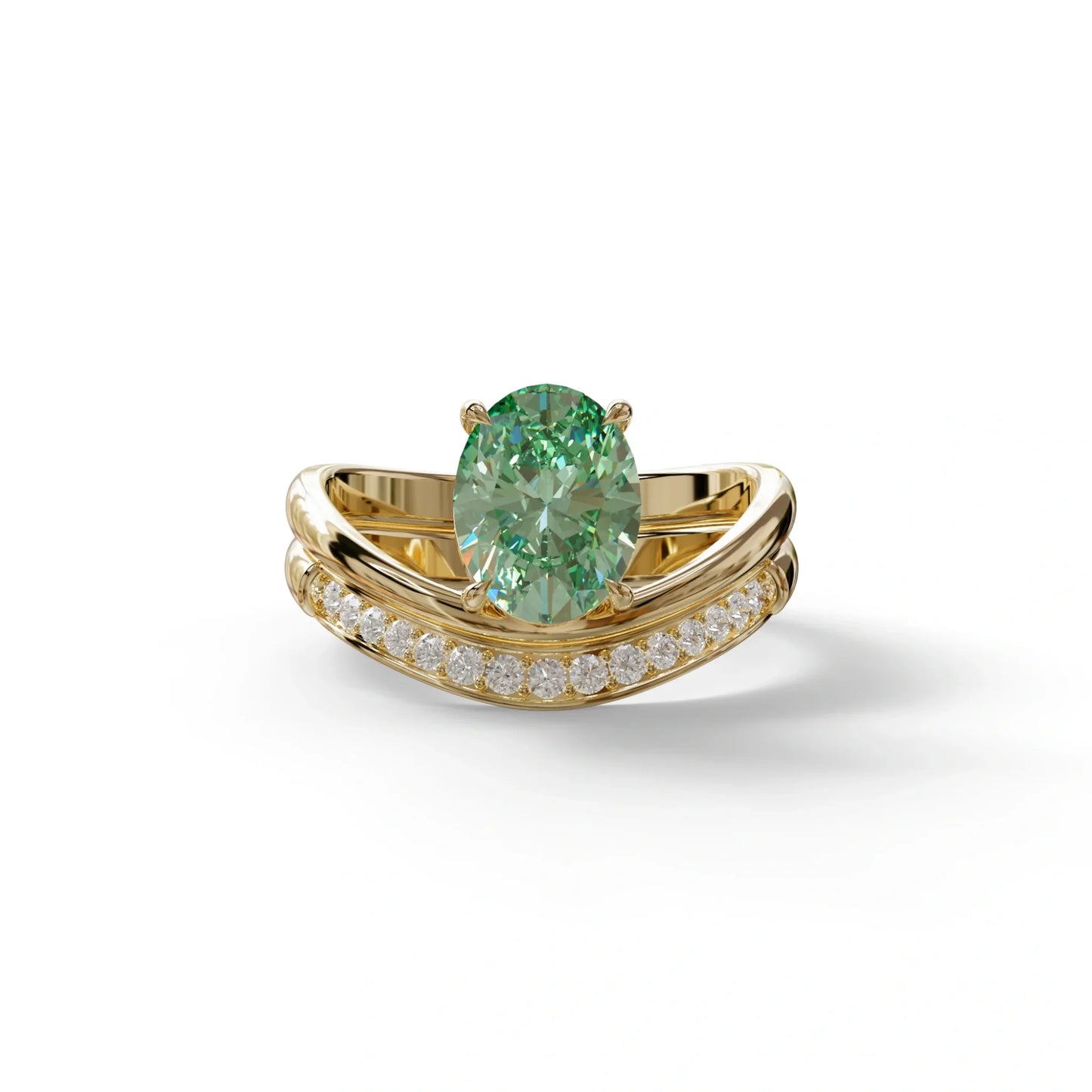 2 Carat Fancy Green Oval Cut Lab Grown Diamond Ring | Curve Setting - Brilliance - 10K Solid Gold / Yellow Gold