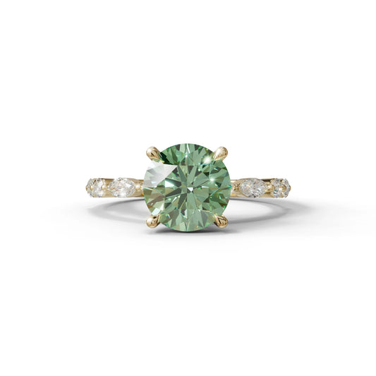2 Carat Green Round Cut Hidden Halo & Pave Set Lab Diamond Ring - Pure Origin - 10K Solid Gold / Yellow Gold