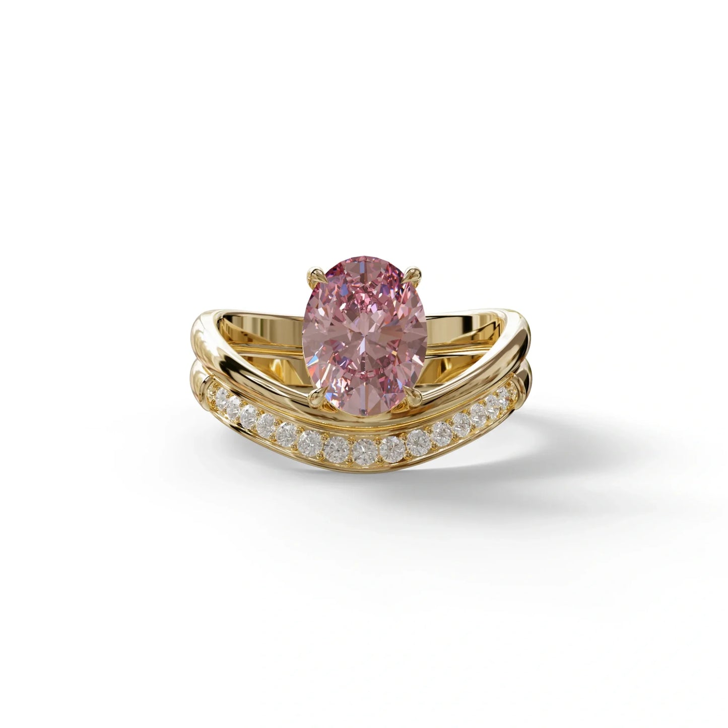 2 Carat Fancy Intense Pink Oval Cut Lab Grown Diamond Ring | Curve Setting - Brilliance - 10K Solid Gold / Yellow Gold
