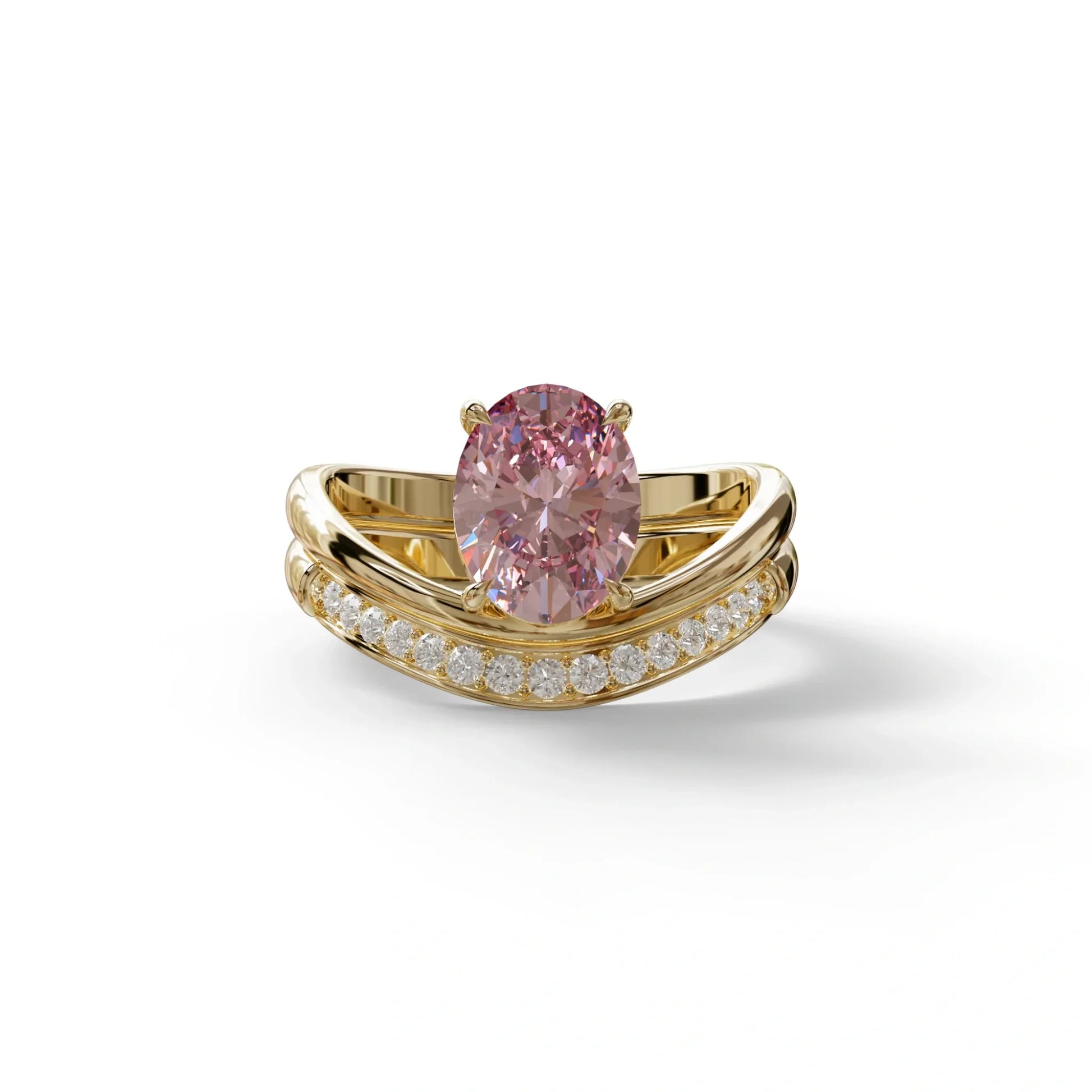 2 Carat Fancy Intense Pink Oval Cut Lab Grown Diamond Ring | Curve Setting - Brilliance - 10K Solid Gold / Yellow Gold