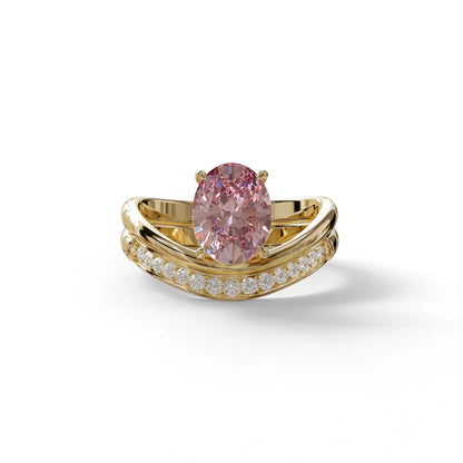 2 Carat Fancy Intense Pink Oval Cut Lab Grown Diamond Ring | Curve Setting - Brilliance - 10K Solid Gold / Yellow Gold