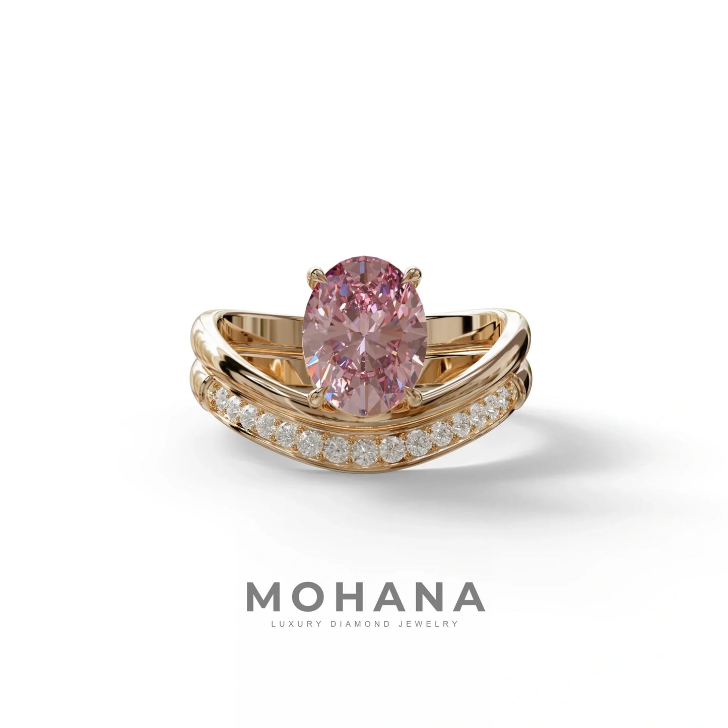 2 Carat Fancy Intense Pink Oval Cut Lab Grown Diamond Ring | Curve Setting - Brilliance - 10K Solid Gold / Rose Gold