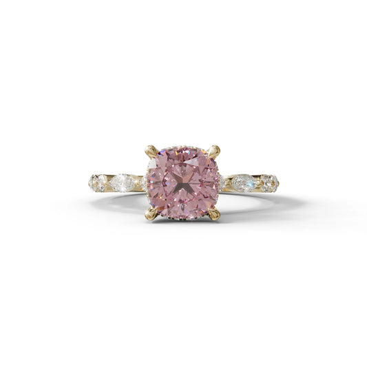 2 Carat Pink Cushion Cut Hidden Halo & Pave Lab Diamond Ring - Daisy - 10K Solid Gold / Yellow Gold