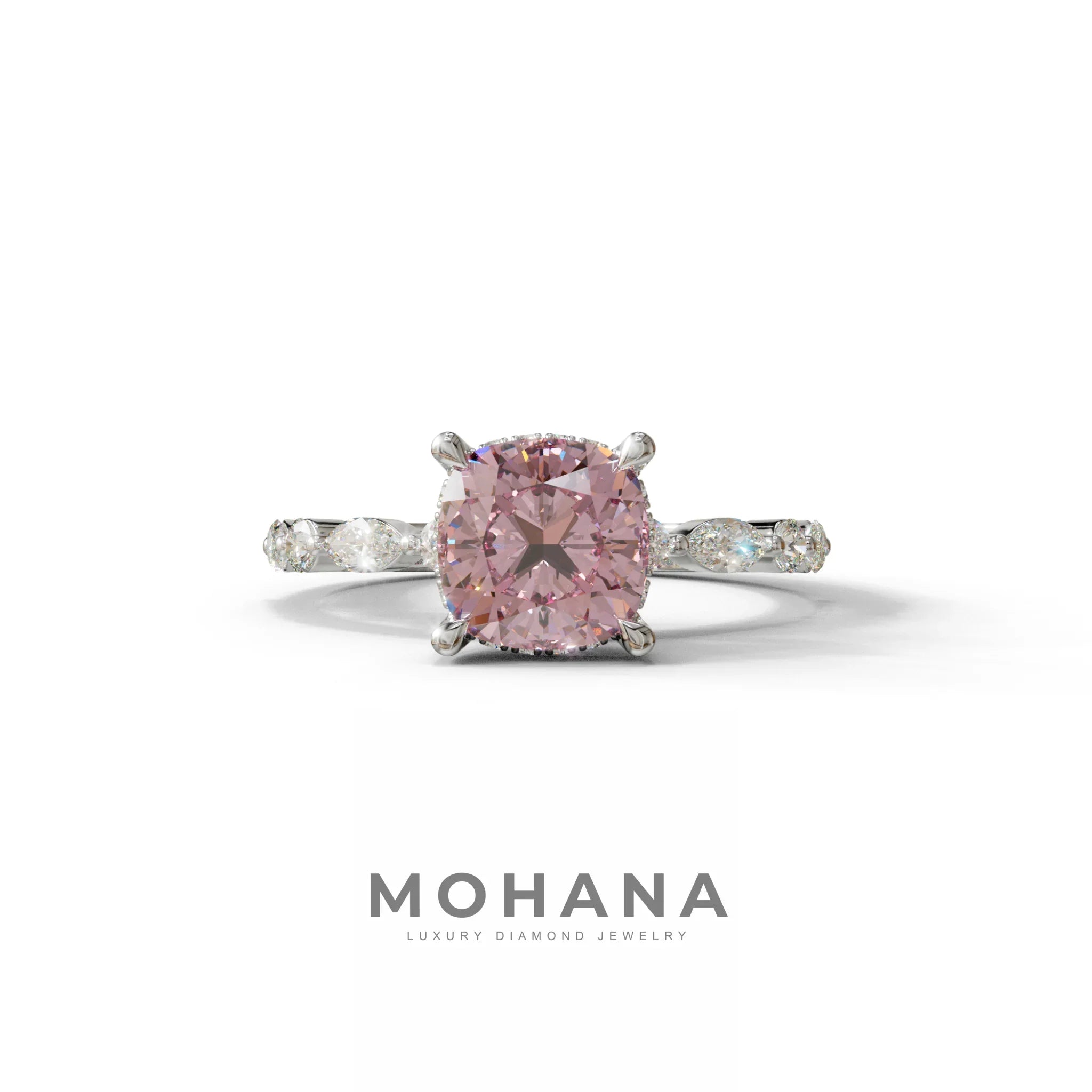 2 Carat Pink Cushion Cut Hidden Halo & Pave Lab Diamond Ring - Daisy - 10K Solid Gold / White Gold