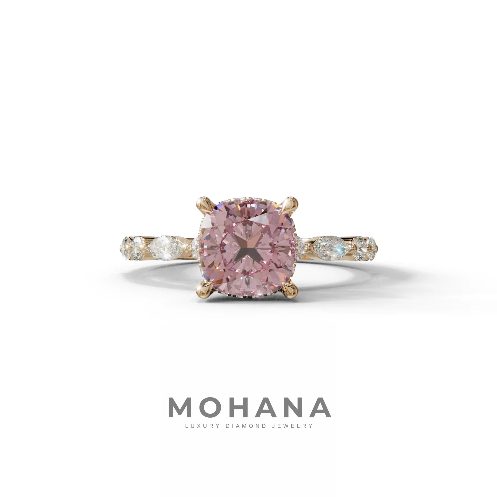 2 Carat Pink Cushion Cut Hidden Halo & Pave Lab Diamond Ring - Daisy - 10K Solid Gold / Rose Gold