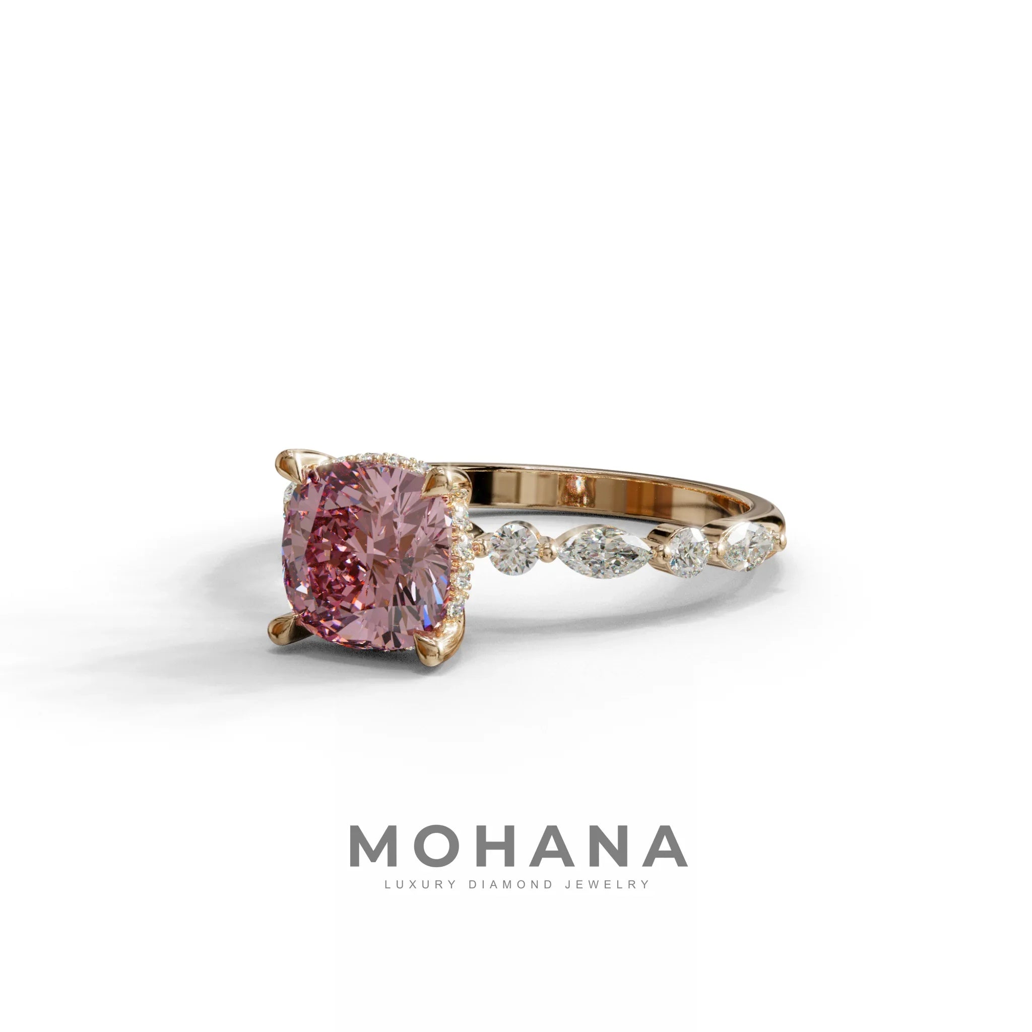 2 Carat Pink Cushion Cut Hidden Halo & Pave Lab Diamond Ring - Daisy
