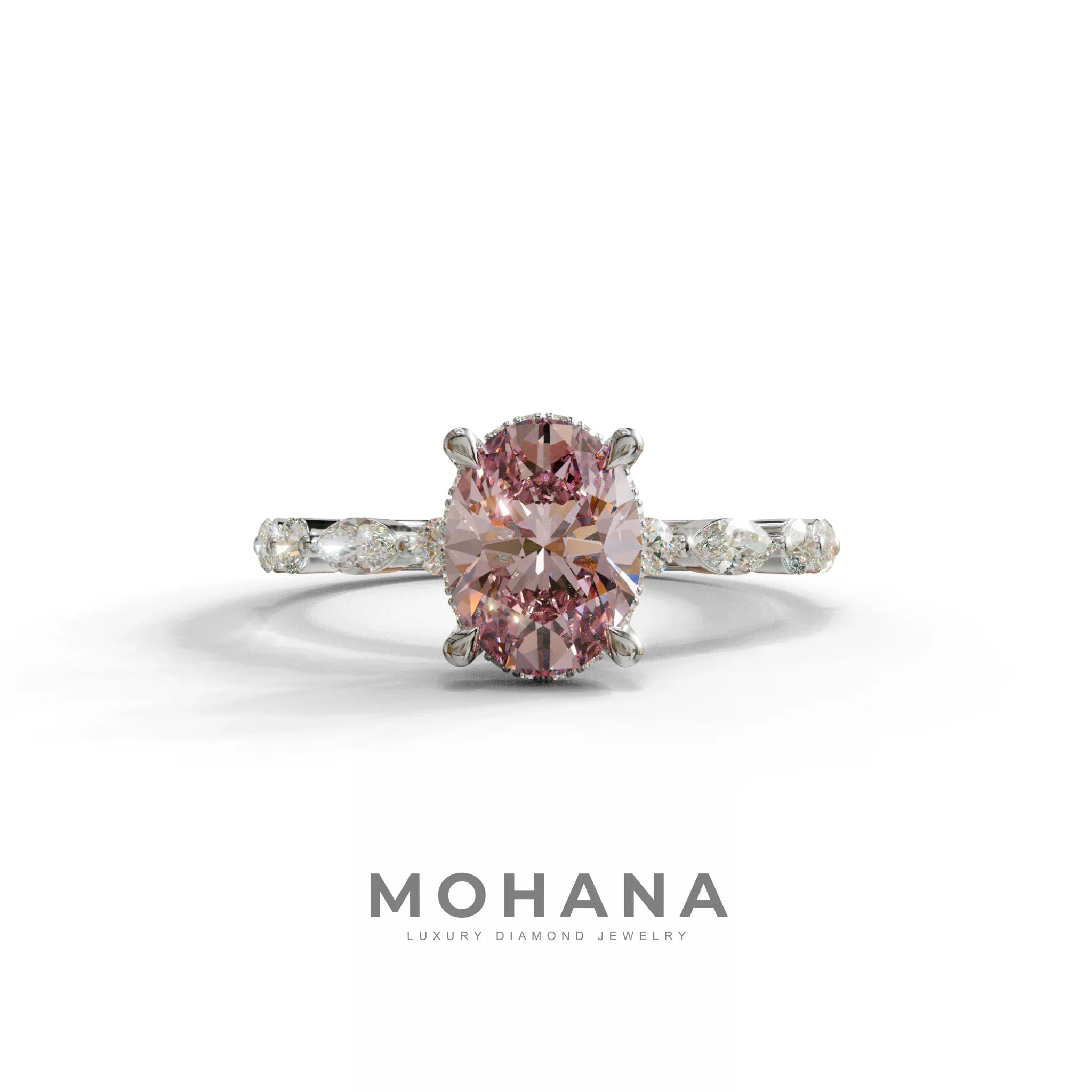 2 Carat Pink Oval Cut Hidden Halo & Pave Lab Diamond Ring - Laina - 10K Solid Gold / White Gold
