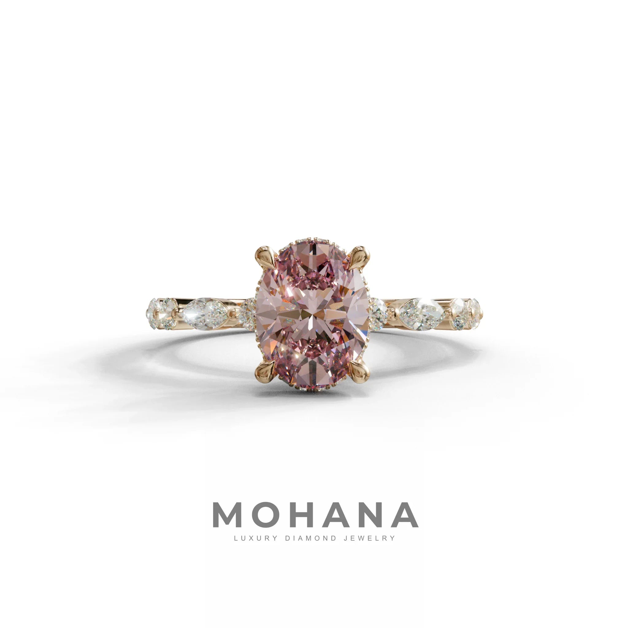 2 Carat Pink Oval Cut Hidden Halo & Pave Lab Diamond Ring - Laina - 10K Solid Gold / Rose Gold