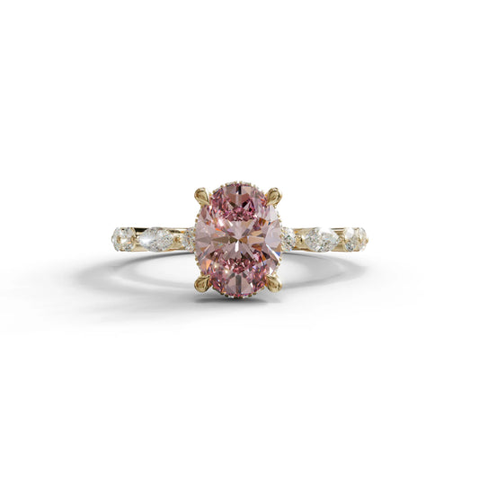 2 Carat Pink Oval Cut Hidden Halo & Pave Lab Diamond Ring - Laina - 10K Solid Gold / Yellow Gold