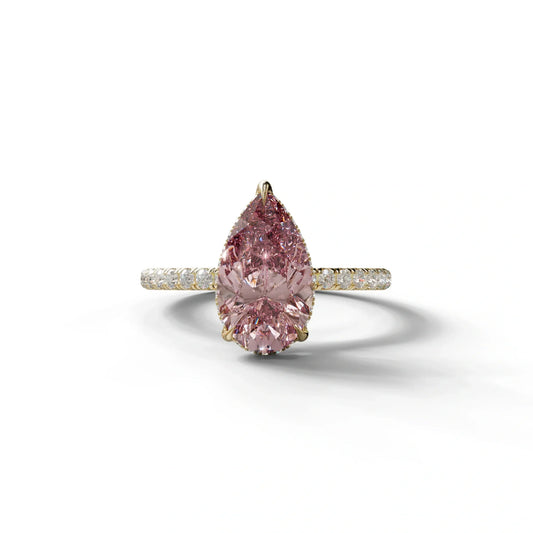 2 Carat Pink Pear Cut Hidden Halo & Pave Lab Diamond Ring - 10K Solid Gold / Yellow Gold