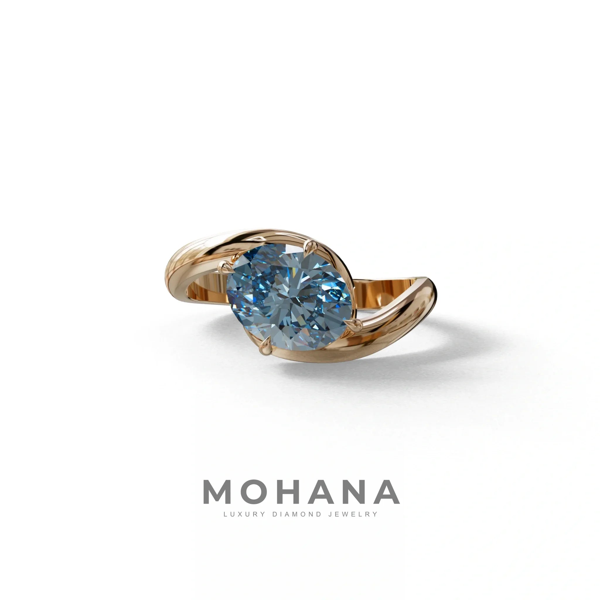 2 Carat Fancy Vivid Blue Oval Cut Lab Diamond Ring - Estella - 10K Solid Gold / Rose Gold