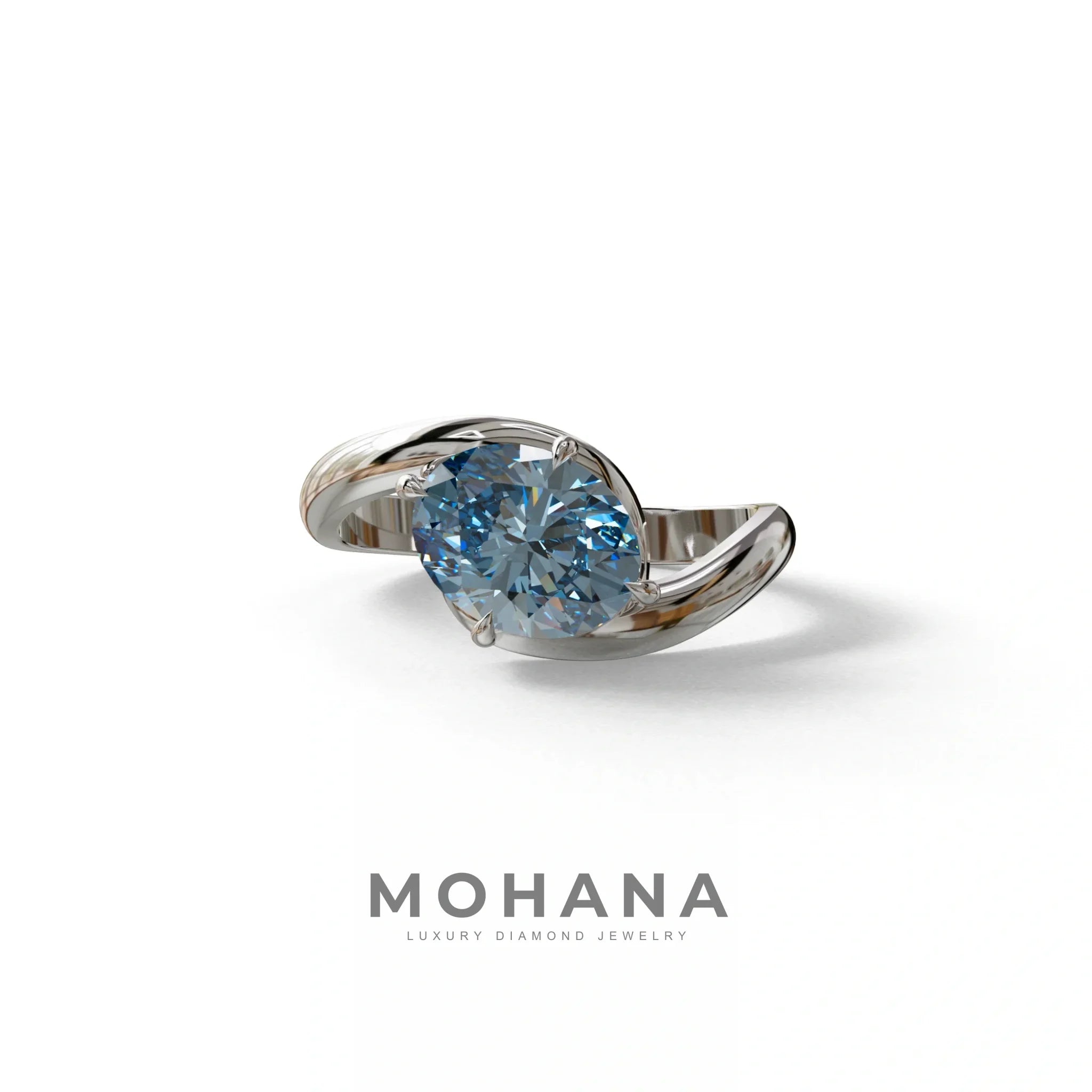 2 Carat Fancy Vivid Blue Oval Cut Lab Diamond Ring - Estella - 10K Solid Gold / White Gold