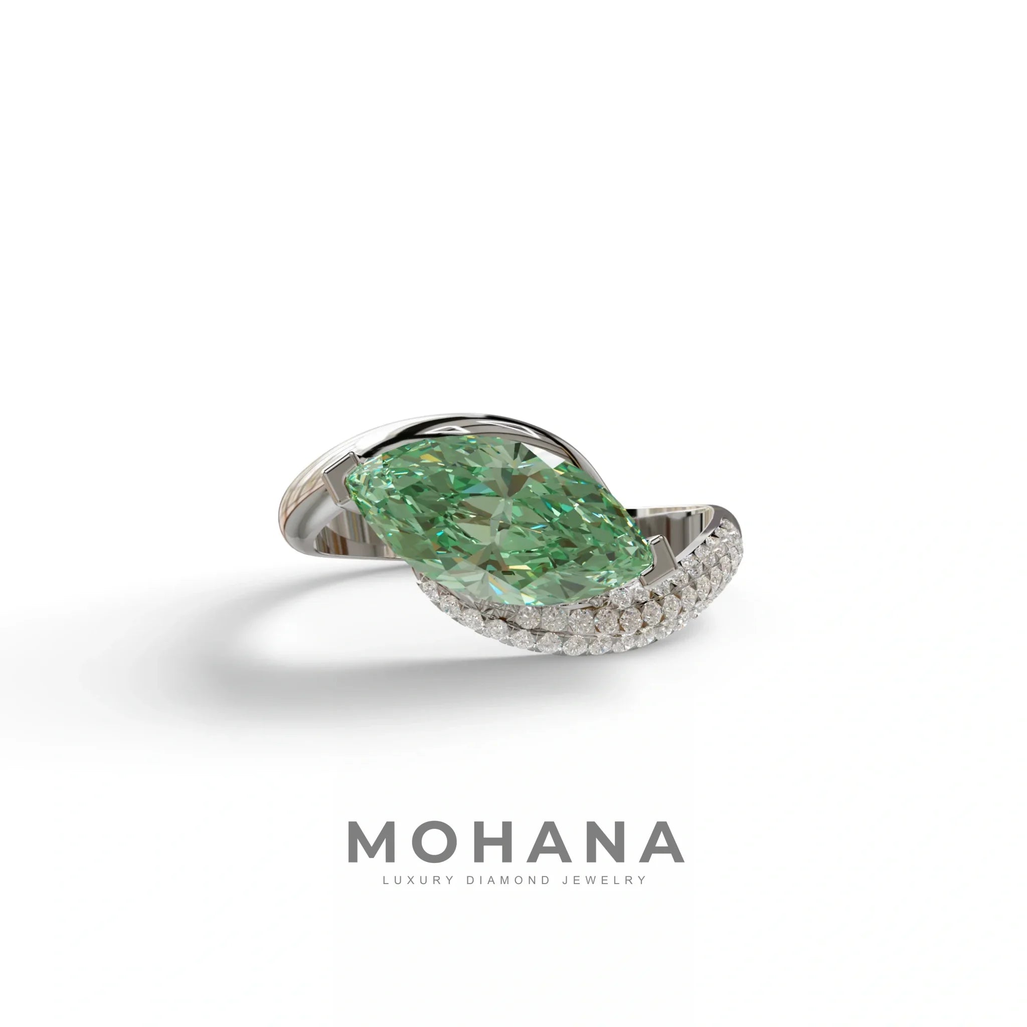 2 Carat Fancy Vivid Green Marquise Cut Lab Grown Diamond Engagement Ring - Maya - 10K Solid Gold / White Gold