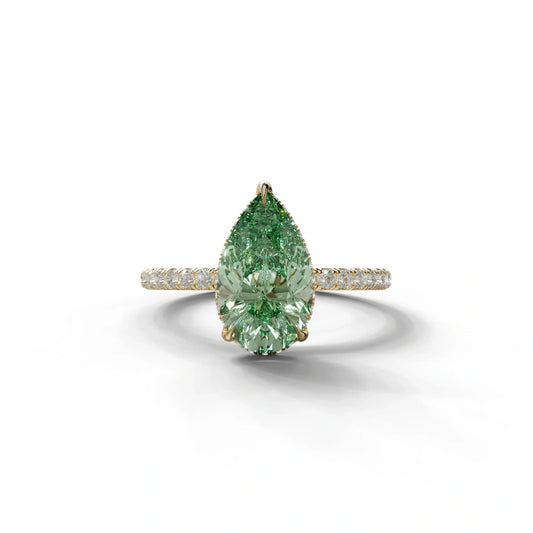2 Carat Green Pear Cut Hidden Halo & Pave Lab Diamond Ring - 10K Solid Gold / Yellow Gold