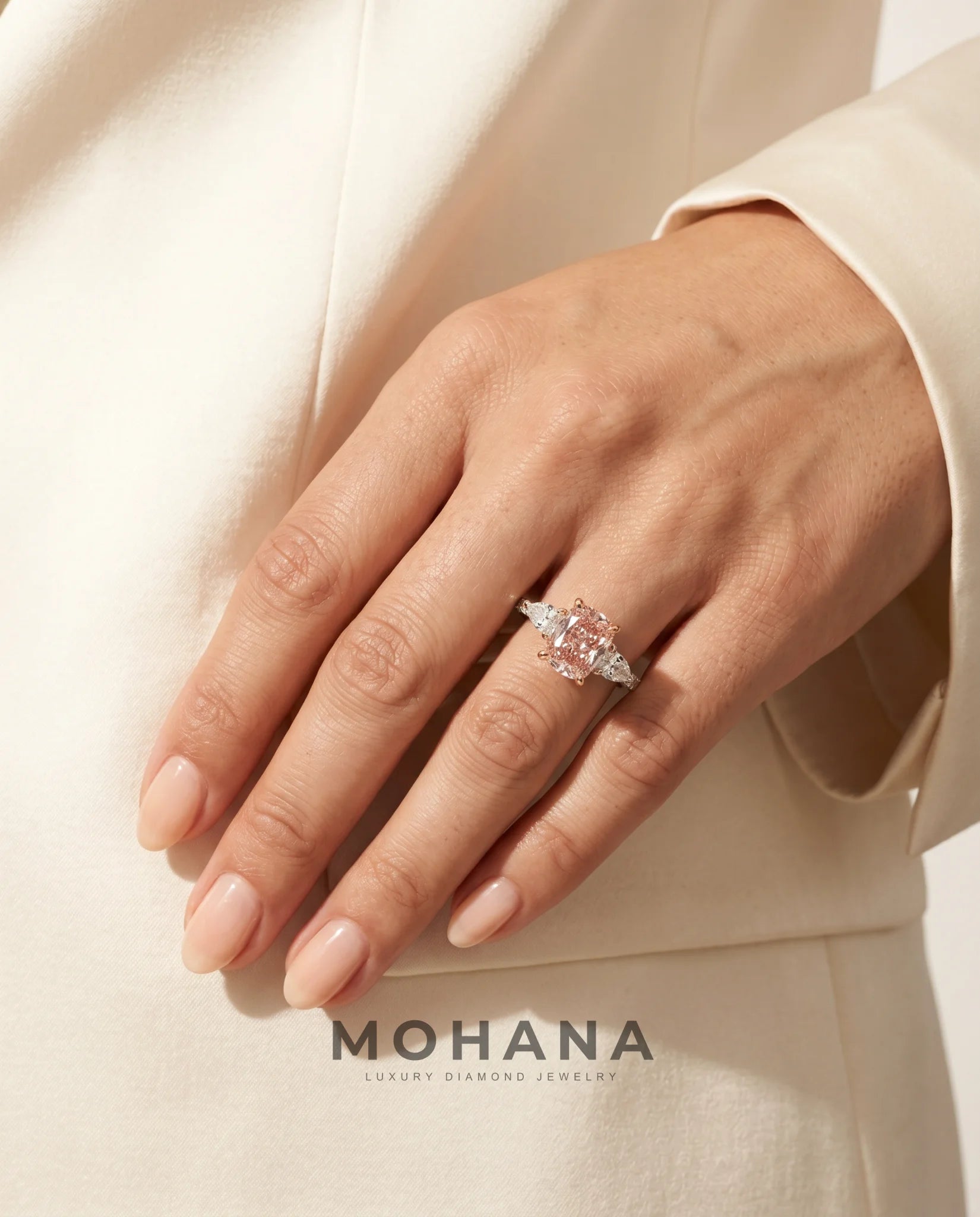 Ready to Ship 2 Carat Fancy Vivid Pink Cushion Three-Stone Diamond Ring — view 14