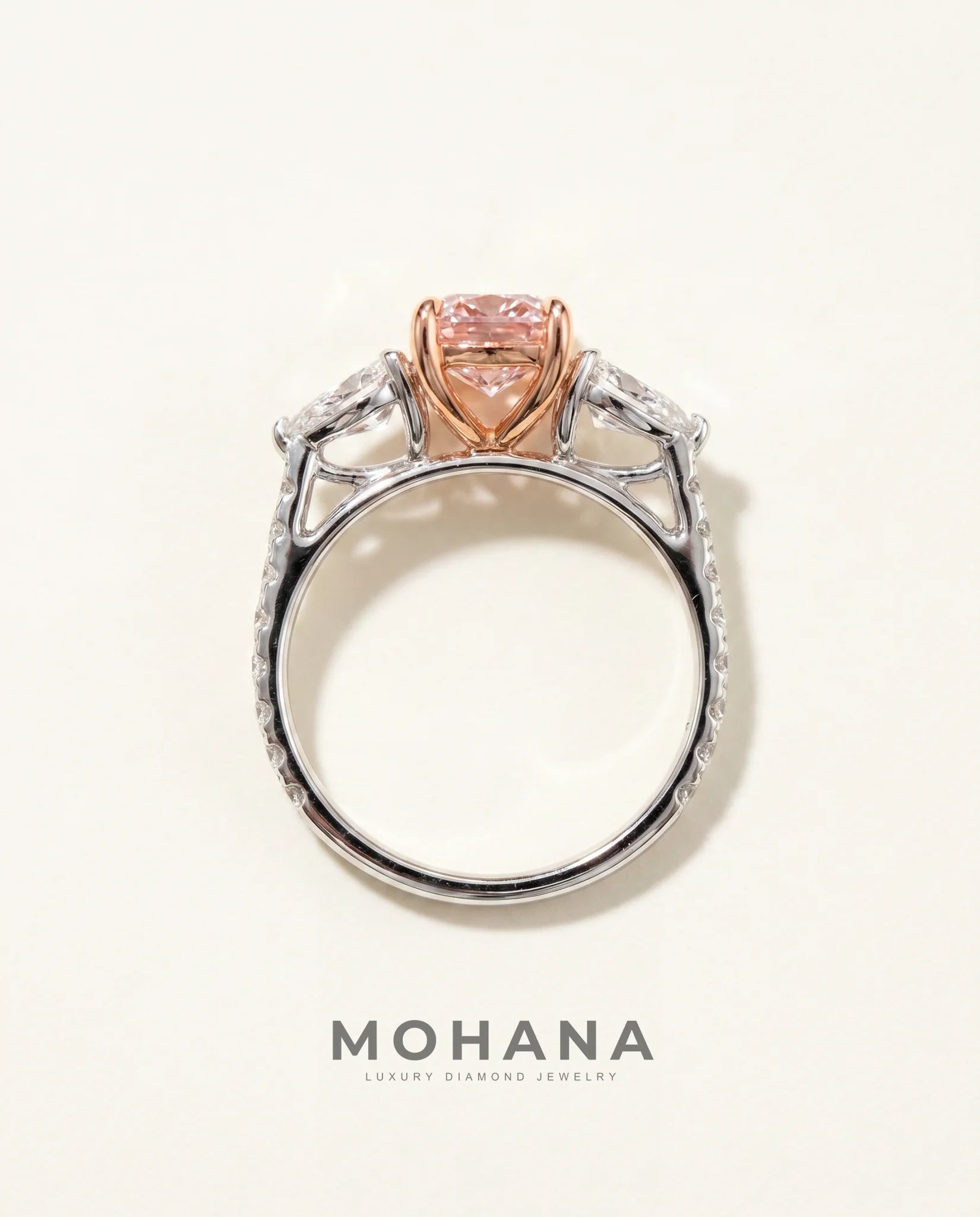 Ready to Ship 2 Carat Fancy Vivid Pink Cushion Three-Stone Diamond Ring — view 3