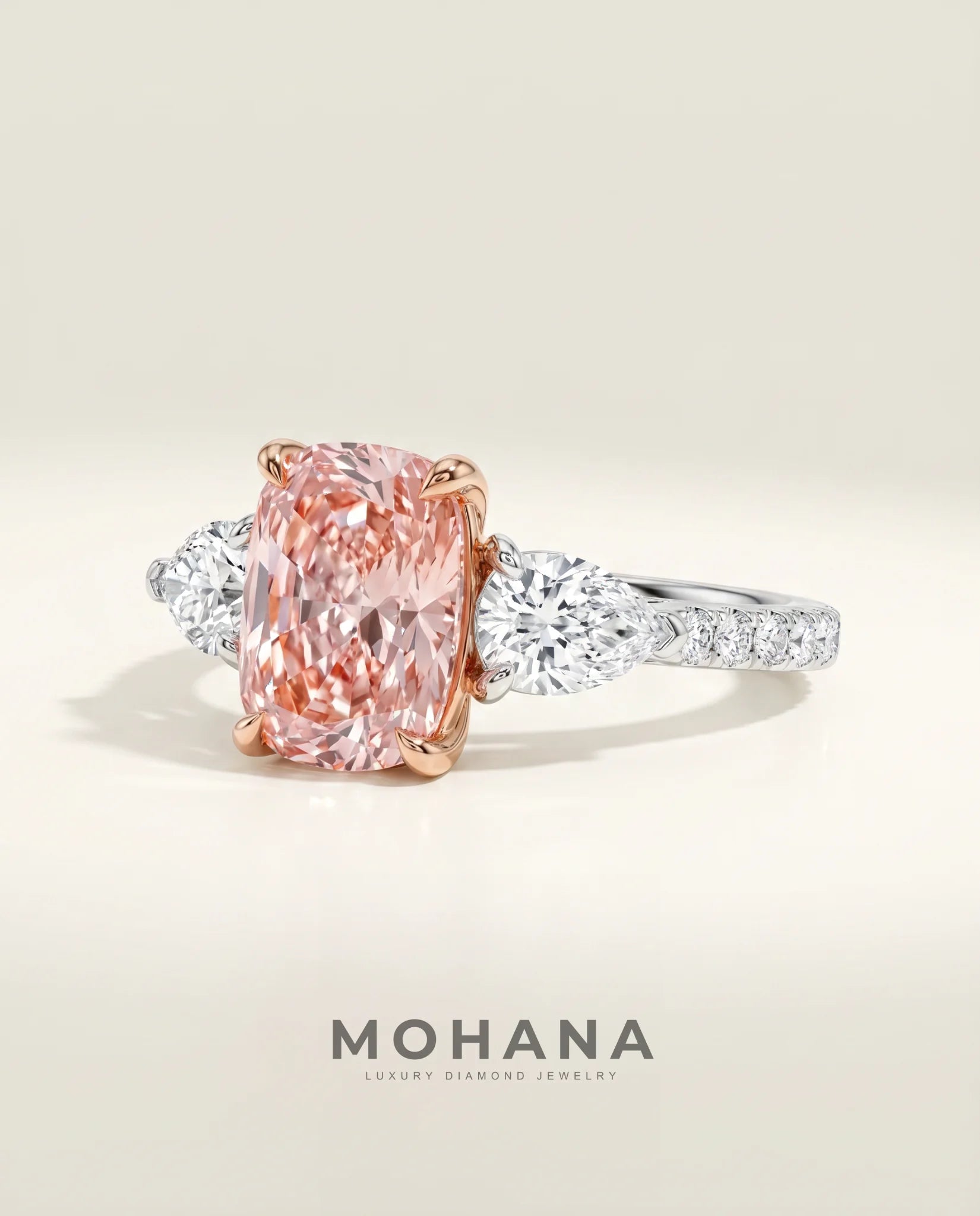 Ready to Ship 2 Carat Fancy Vivid Pink Cushion Three-Stone Diamond Ring — view 1