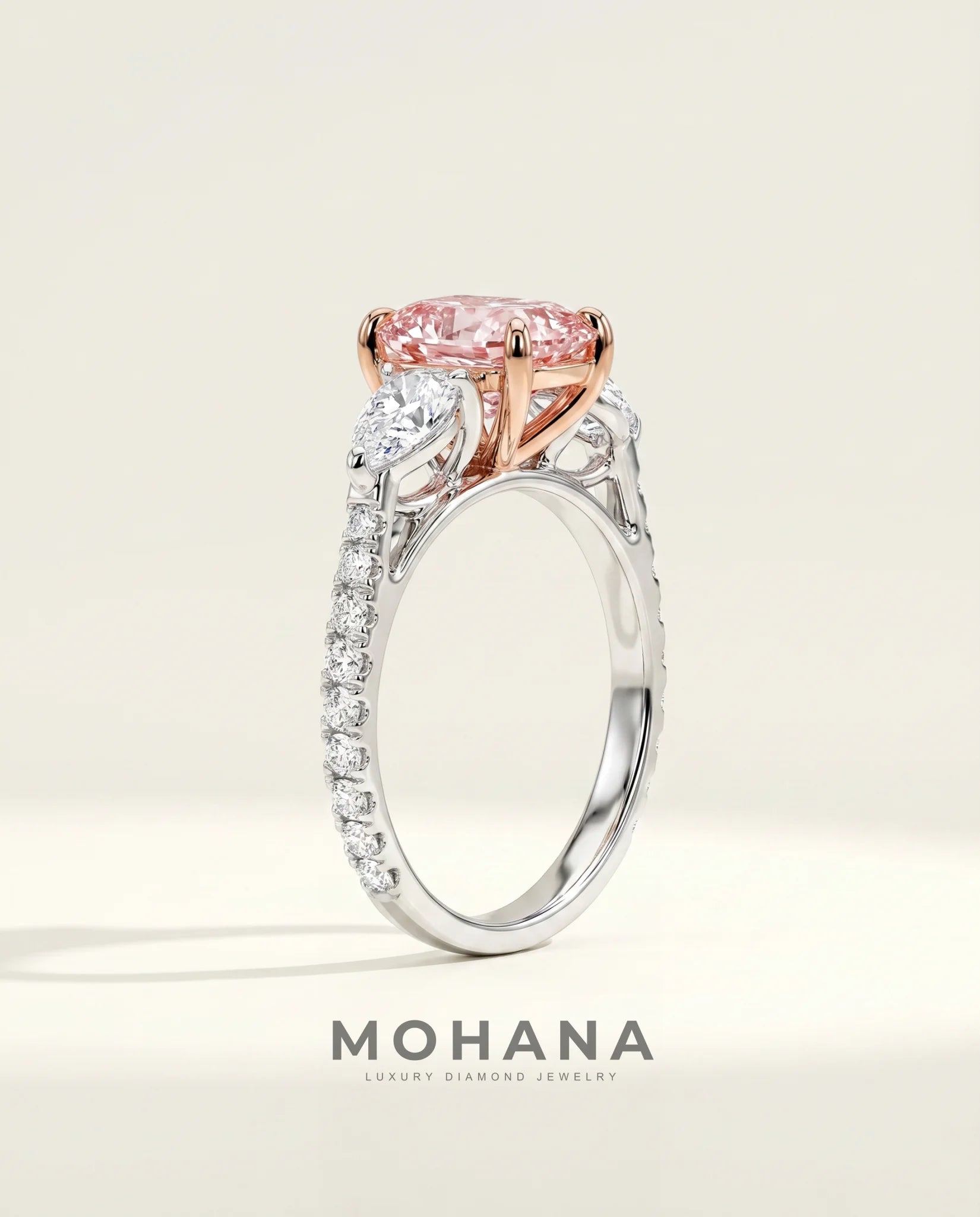 Ready to Ship 2 Carat Fancy Vivid Pink Cushion Three-Stone Diamond Ring — view 4