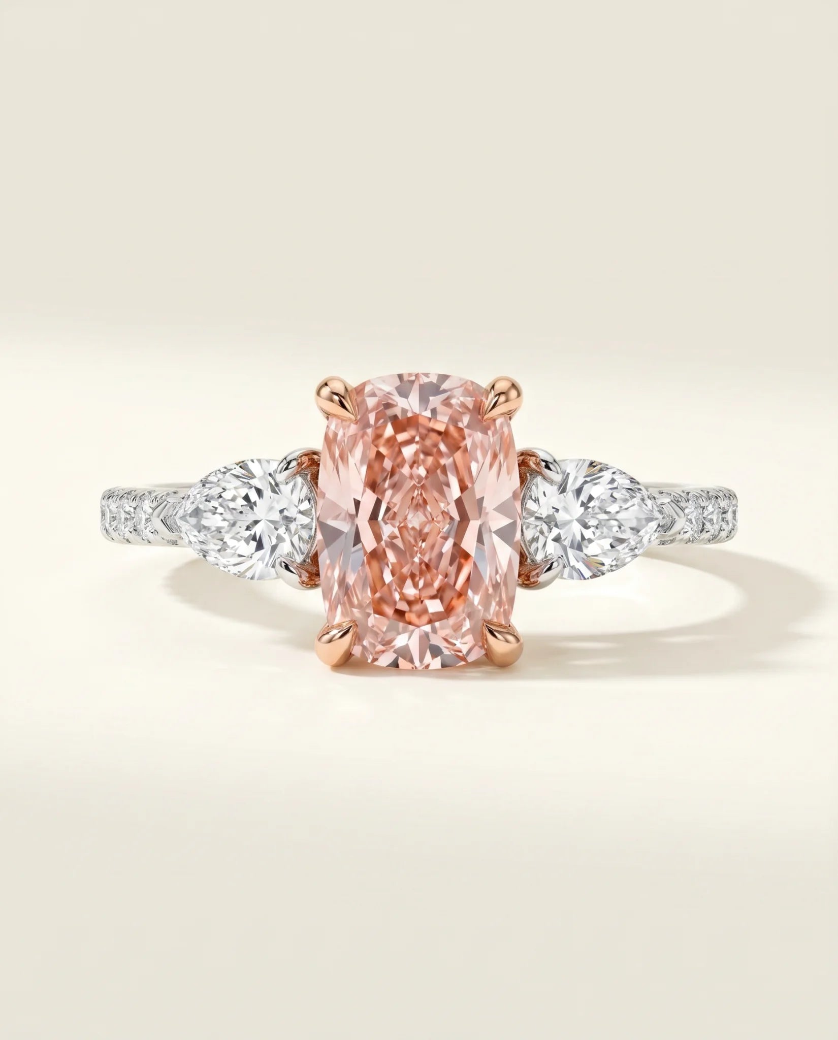 Ready to Ship 2 Carat Fancy Vivid Pink Cushion Three-Stone Diamond Ring — view 2