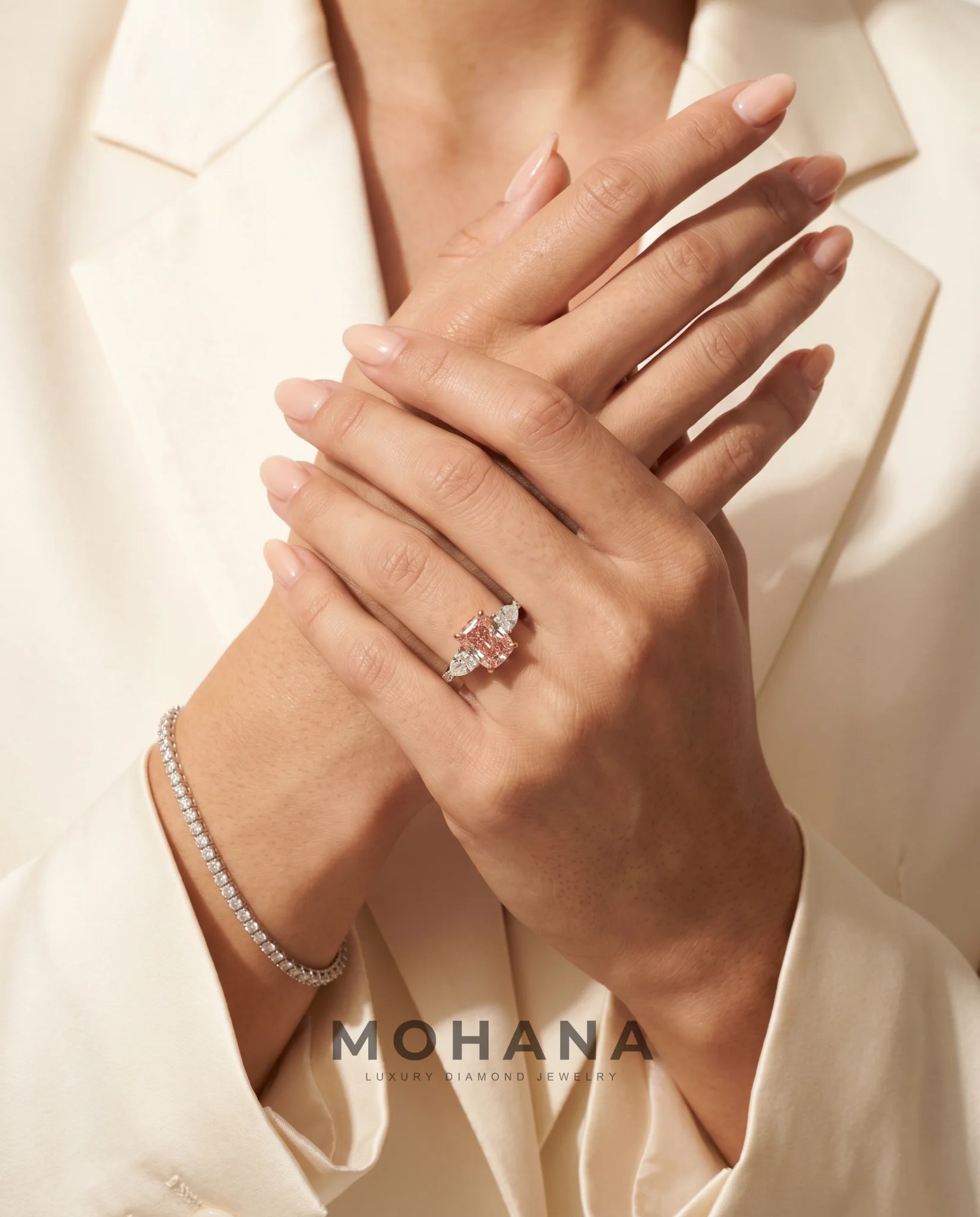 Ready to Ship 2 Carat Fancy Vivid Pink Cushion Three-Stone Diamond Ring — view 12