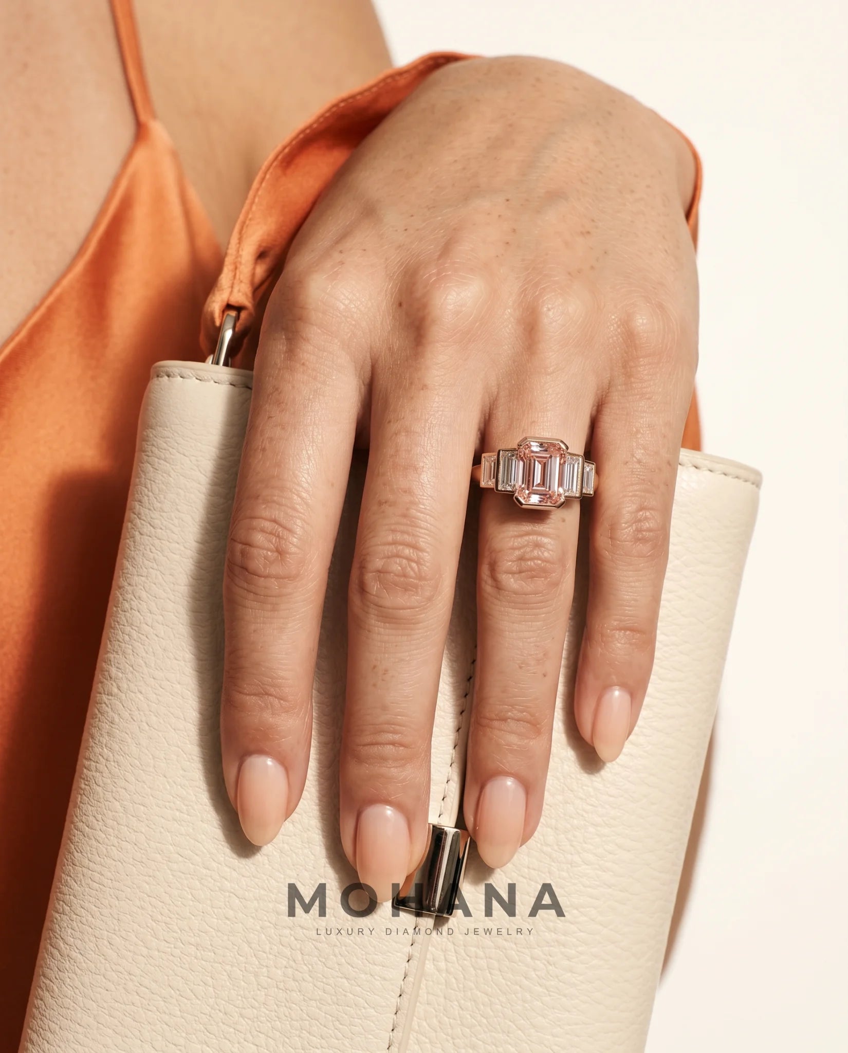 Ready to Ship 2 Carat Fancy Vivid Pink Emerald Cut Three-Stone Rose Gold Diamond Ring — view 14
