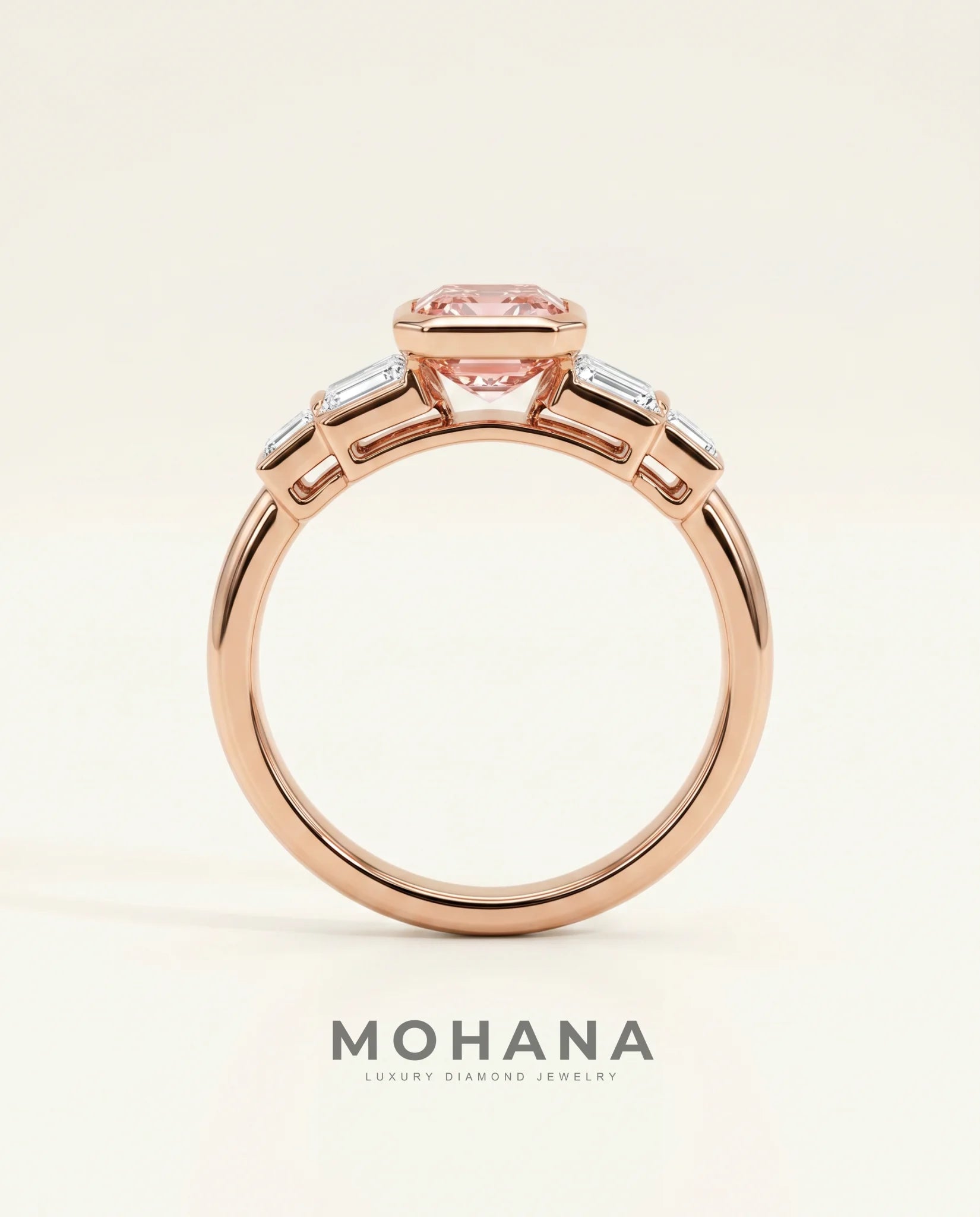 Ready to Ship 2 Carat Fancy Vivid Pink Emerald Cut Three-Stone Rose Gold Diamond Ring — view 3