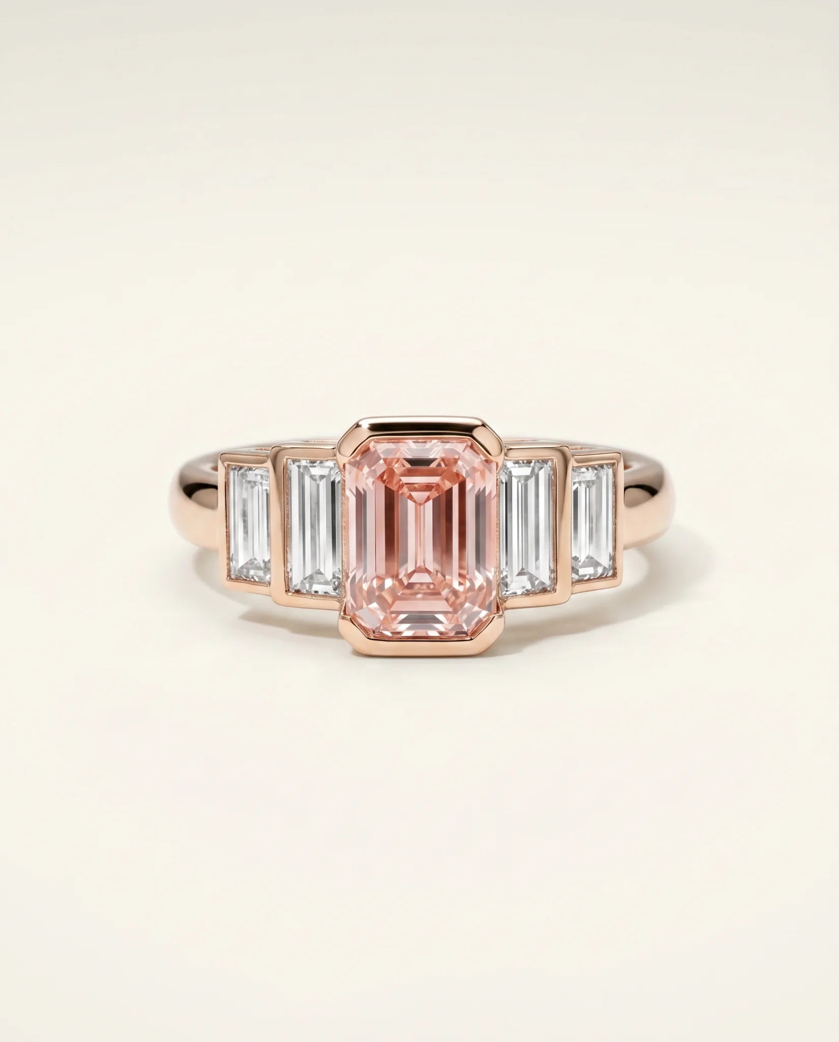 Ready to Ship 2 Carat Fancy Vivid Pink Emerald Cut Three-Stone Rose Gold Diamond Ring — view 1