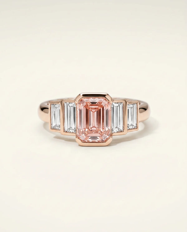 2 Carat Fancy Vivid Pink Lab Grown Diamond Engagement Ring · Emerald Cut Three-Stone with Baguette Sides