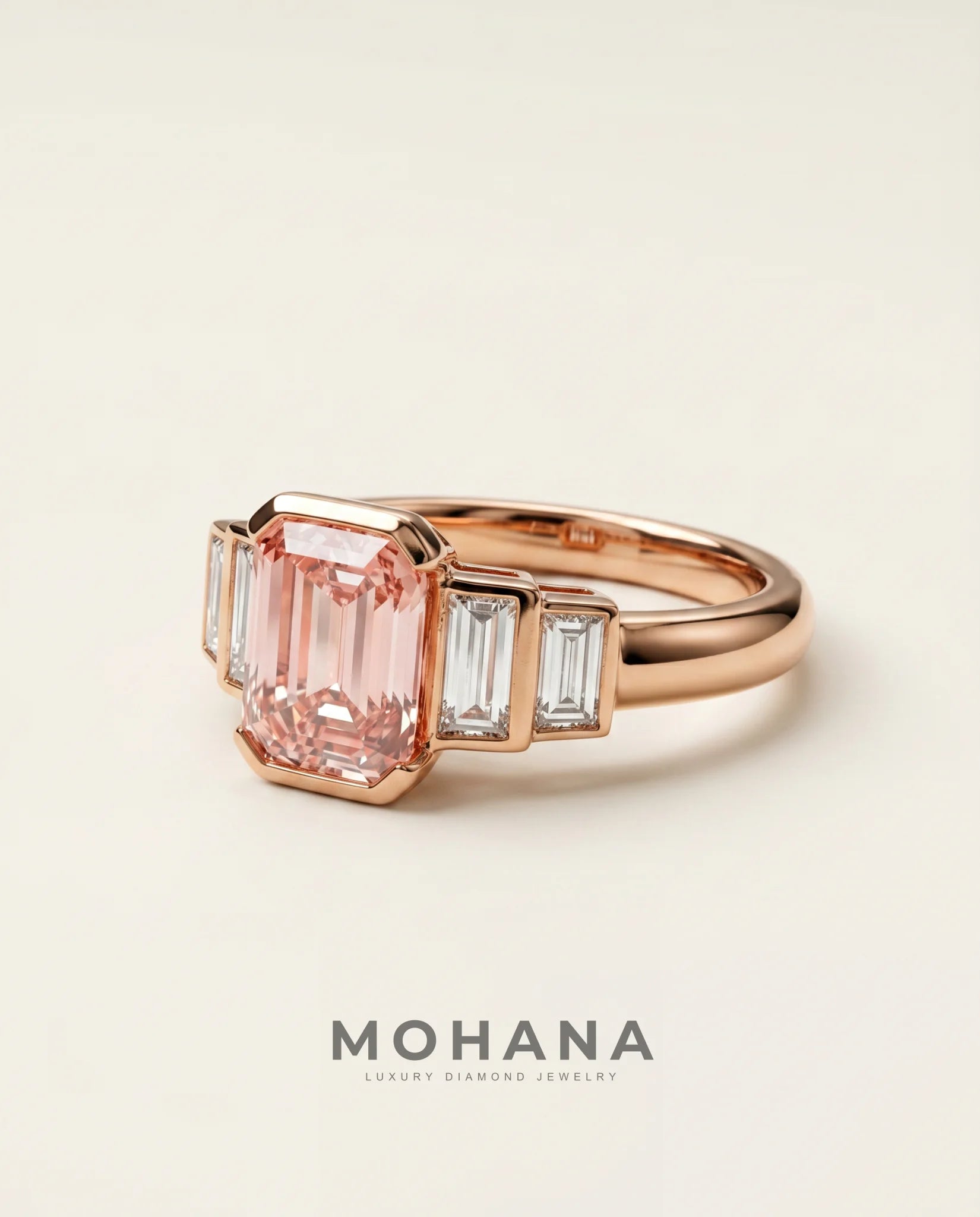 Ready to Ship 2 Carat Fancy Vivid Pink Emerald Cut Three-Stone Rose Gold Diamond Ring — view 4