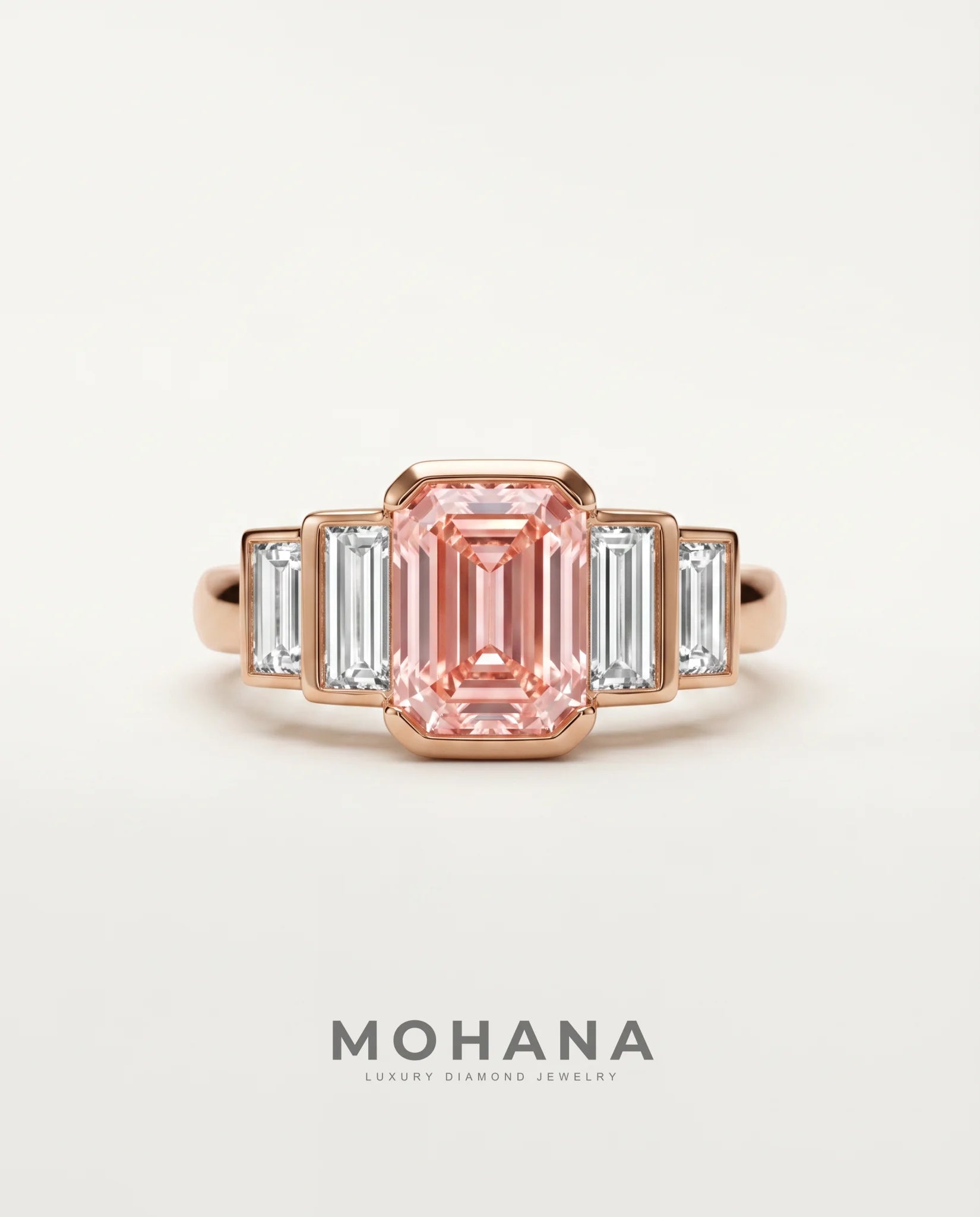 Ready to Ship 2 Carat Fancy Vivid Pink Emerald Cut Three-Stone Rose Gold Diamond Ring — view 2
