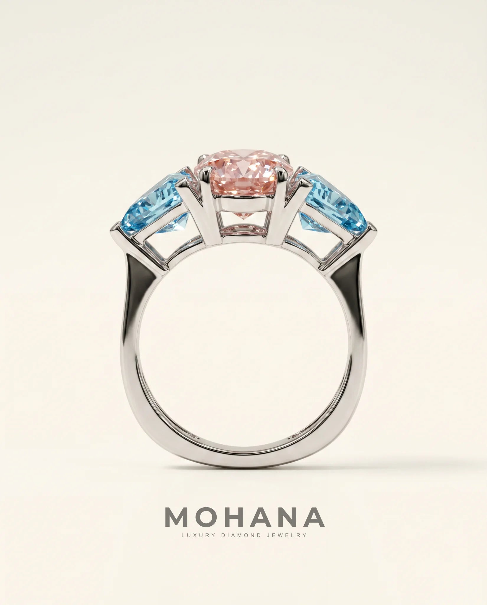 Ready to Ship 2 Carat Fancy Vivid Pink Oval Three-Stone Blue Trillion Diamond Ring — view 3