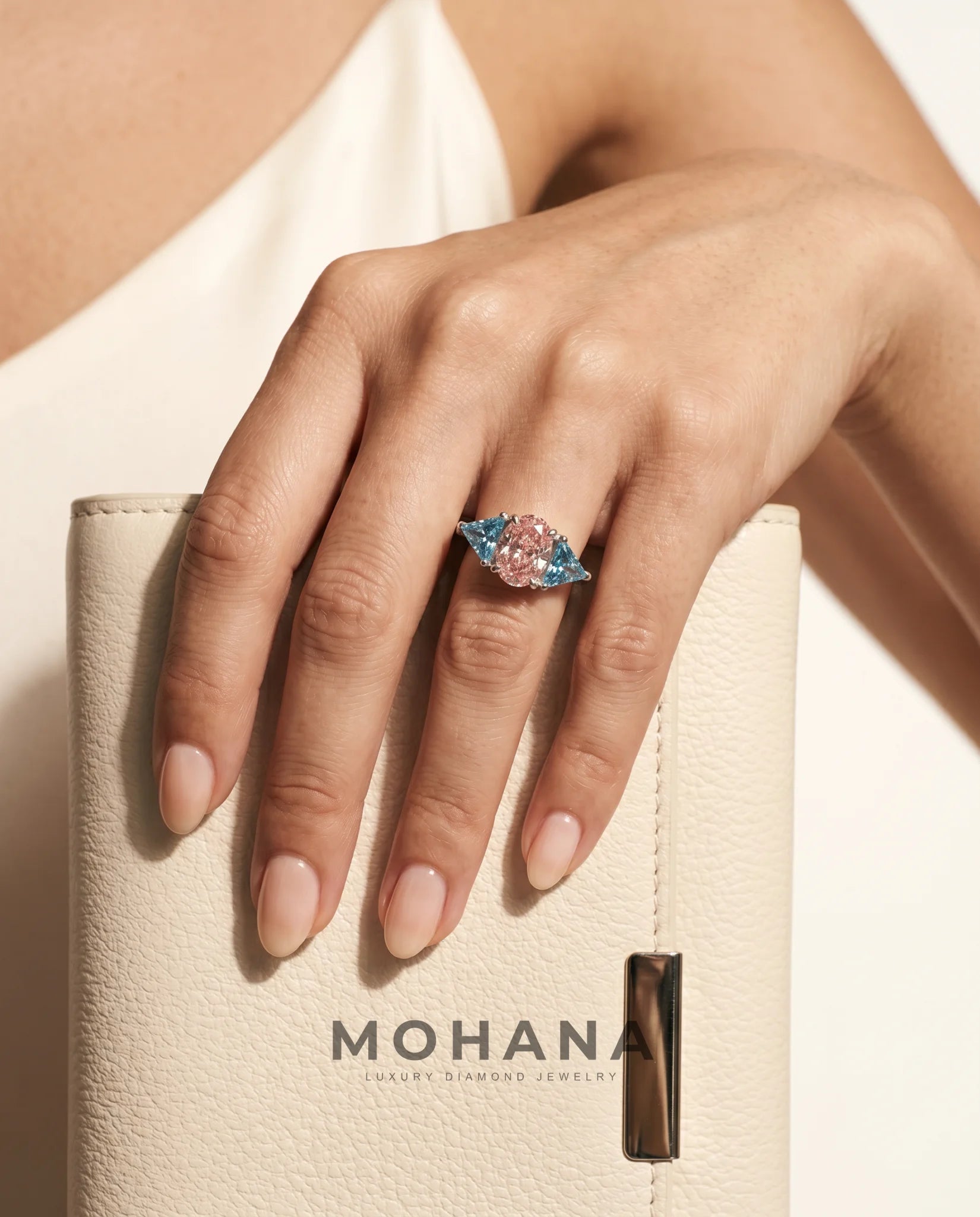 Ready to Ship 2 Carat Fancy Vivid Pink Oval Three-Stone Blue Trillion Diamond Ring — view 13