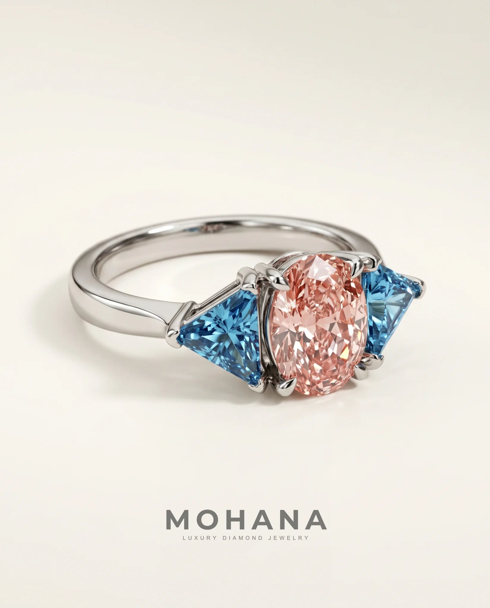 Ready to Ship 2 Carat Fancy Vivid Pink Oval Three-Stone Blue Trillion Diamond Ring — view 1