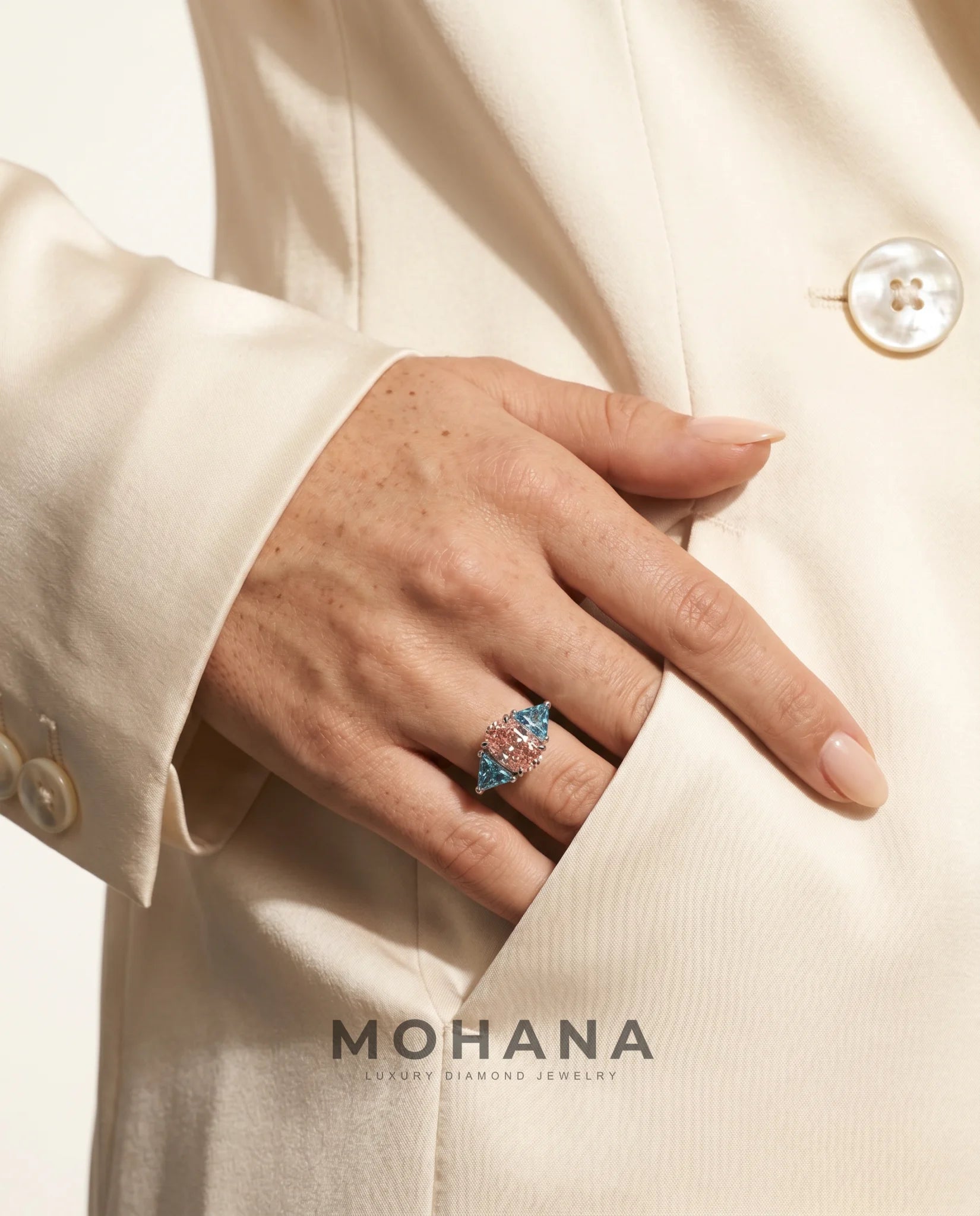 Ready to Ship 2 Carat Fancy Vivid Pink Oval Three-Stone Blue Trillion Diamond Ring — view 12