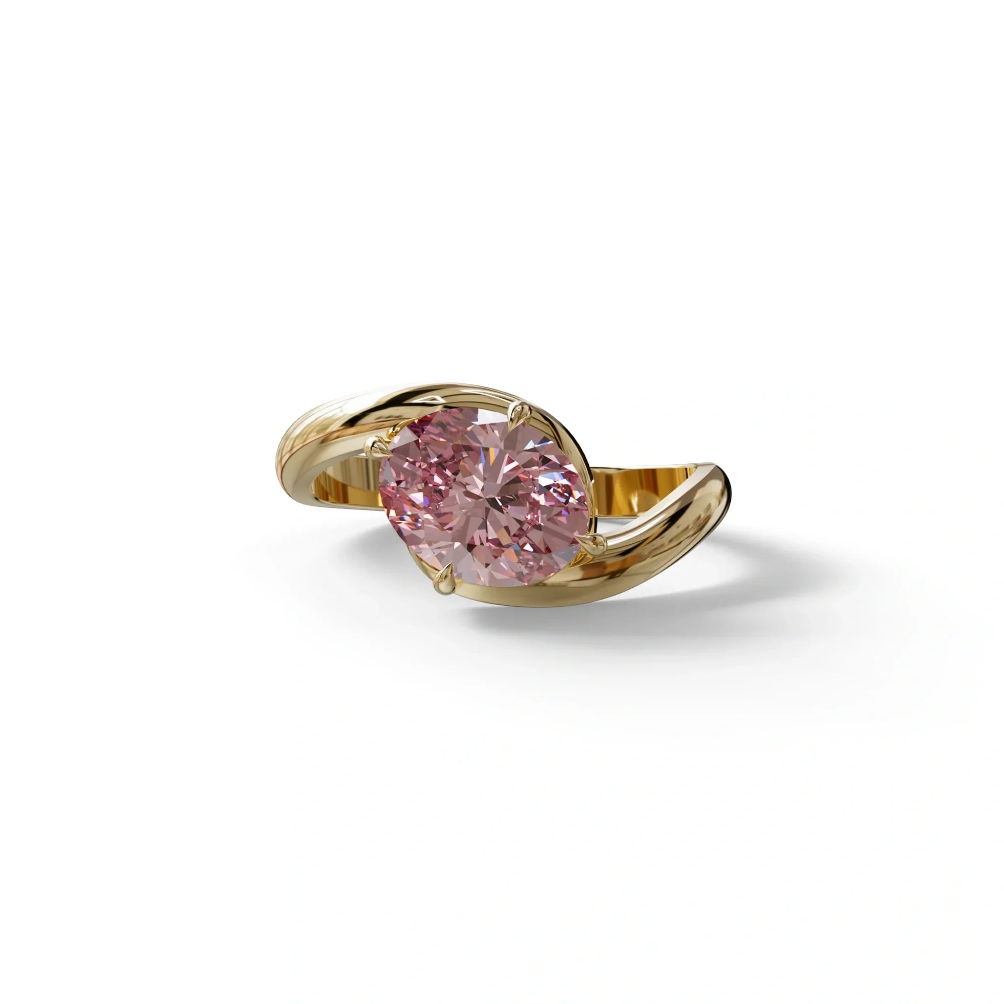 2 Carat Fancy Vivid Pink Oval Cut Lab Diamond Ring - Estella - 10K Solid Gold / Yellow Gold