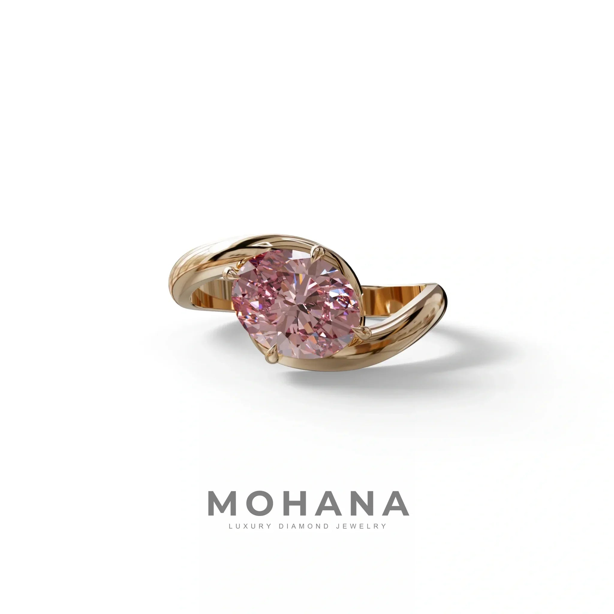2 Carat Fancy Vivid Pink Oval Cut Lab Diamond Ring - Estella - 10K Solid Gold / Rose Gold