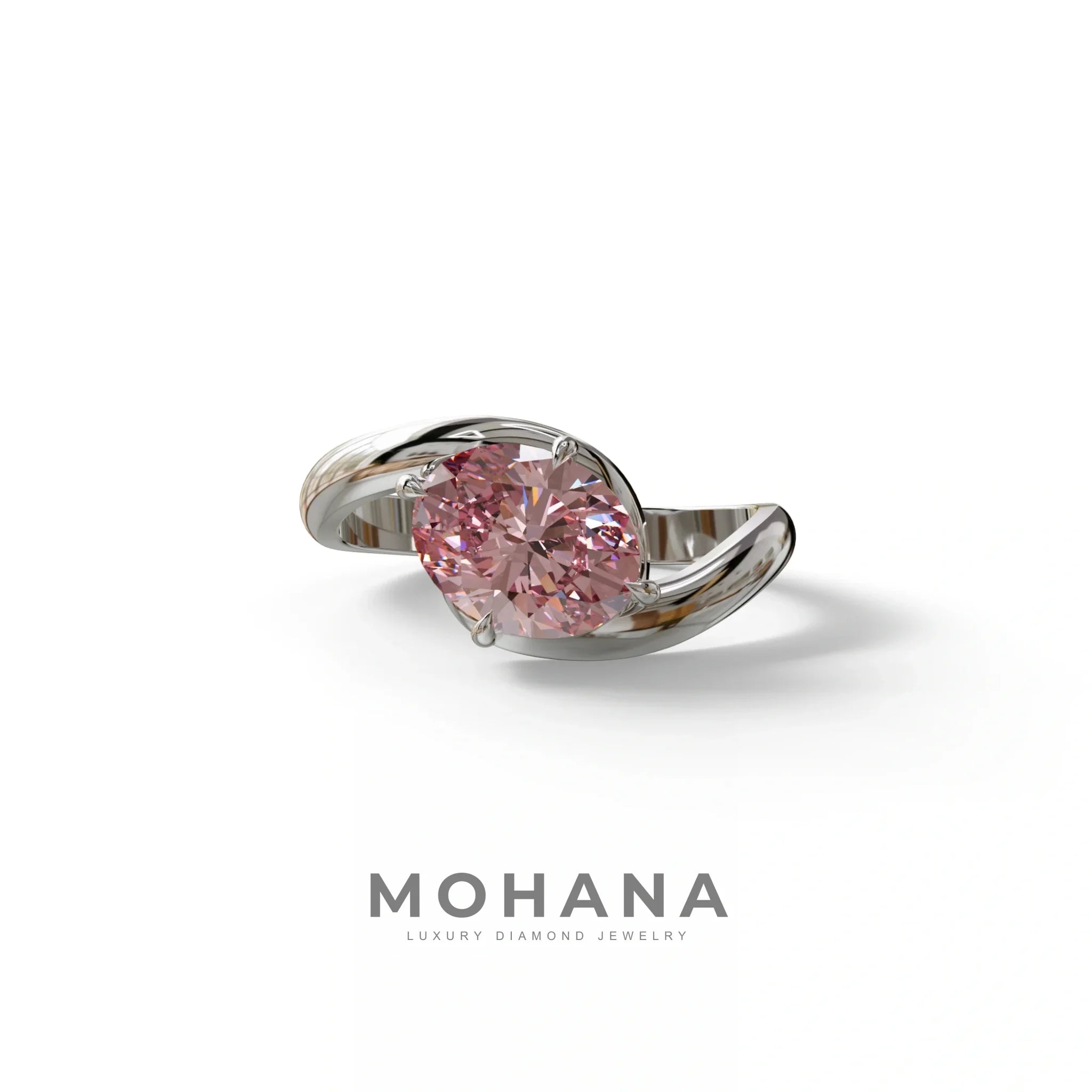 2 Carat Fancy Vivid Pink Oval Cut Lab Diamond Ring - Estella - 10K Solid Gold / White Gold