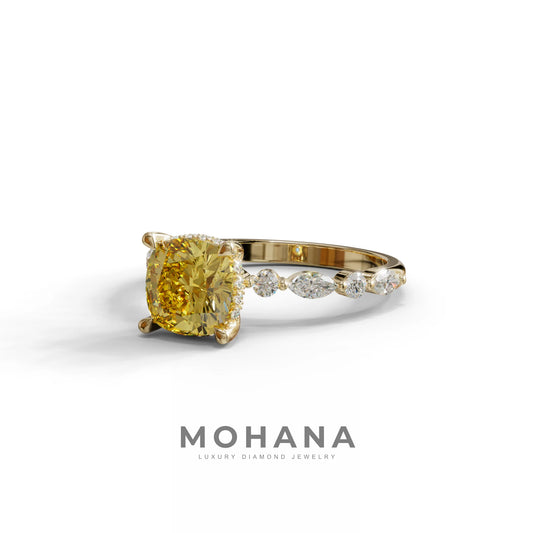 2 Carat Yellow Cushion Cut Hidden Halo & Pave Lab Diamond Ring - Daisy