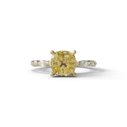2 Carat Yellow Cushion Cut Hidden Halo & Pave Lab Diamond Ring - Daisy - 10K Solid Gold / Yellow Gold
