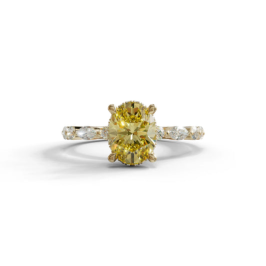 2 Carat Yellow Oval Cut Hidden Halo & Pave Lab Diamond Ring - Laina - 10K Solid Gold / Yellow Gold