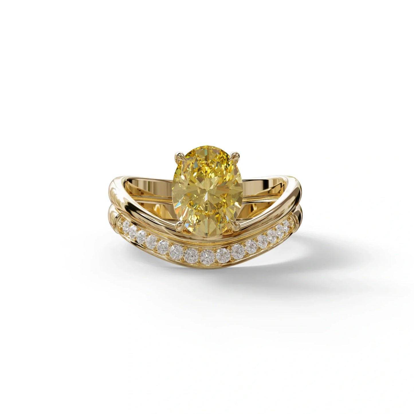 2 Carat Fancy Yellow Oval Cut Lab Grown Diamond Ring | Curve Setting - Brilliance - 10K Solid Gold / Yellow Gold