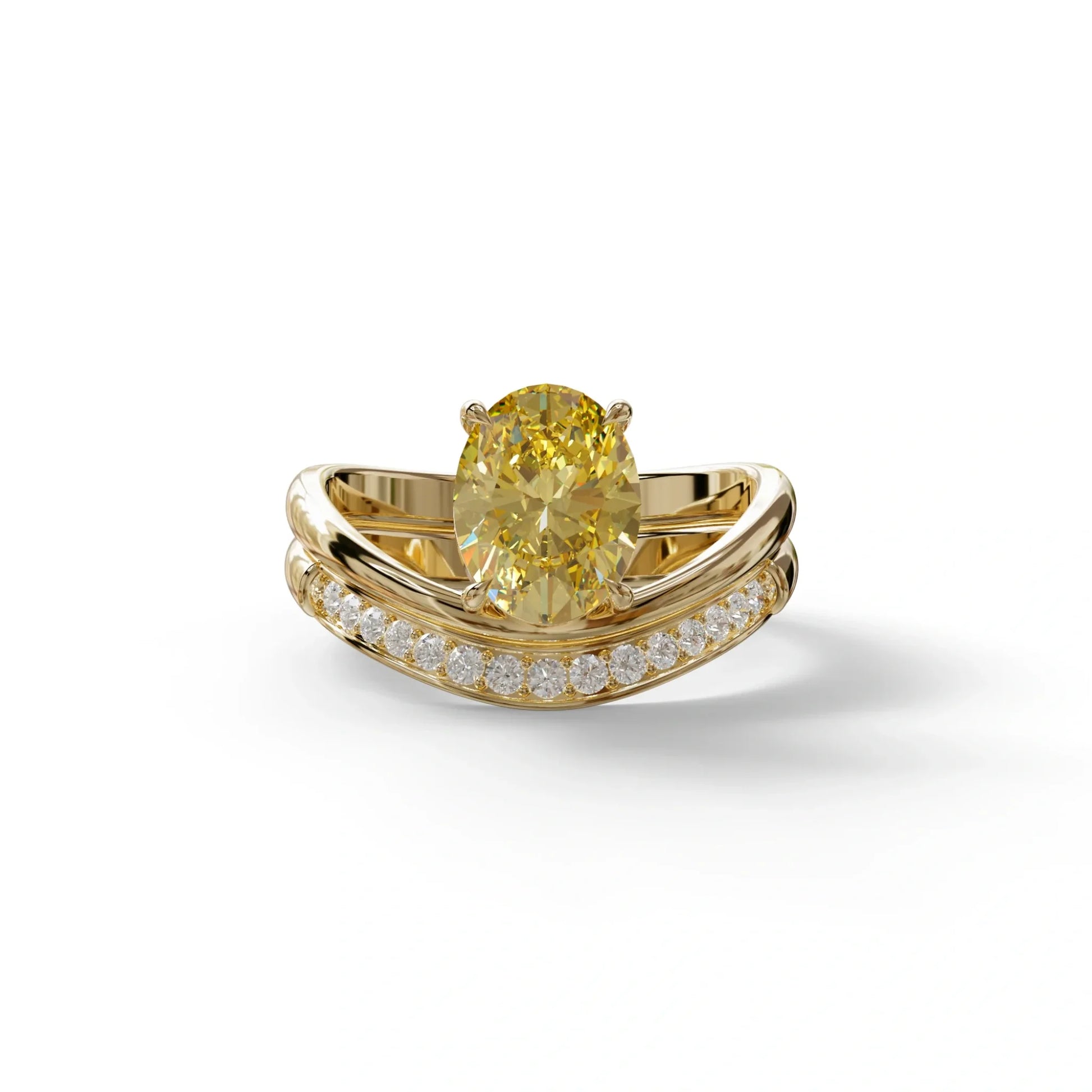 2 Carat Fancy Yellow Oval Cut Lab Grown Diamond Ring | Curve Setting - Brilliance - 10K Solid Gold / Yellow Gold