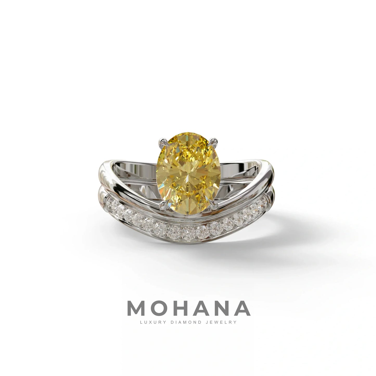 2 Carat Fancy Yellow Oval Cut Lab Grown Diamond Ring | Curve Setting - Brilliance - 10K Solid Gold / White Gold