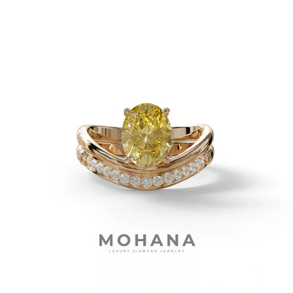 2 Carat Fancy Yellow Oval Cut Lab Grown Diamond Ring | Curve Setting - Brilliance - 10K Solid Gold / Rose Gold
